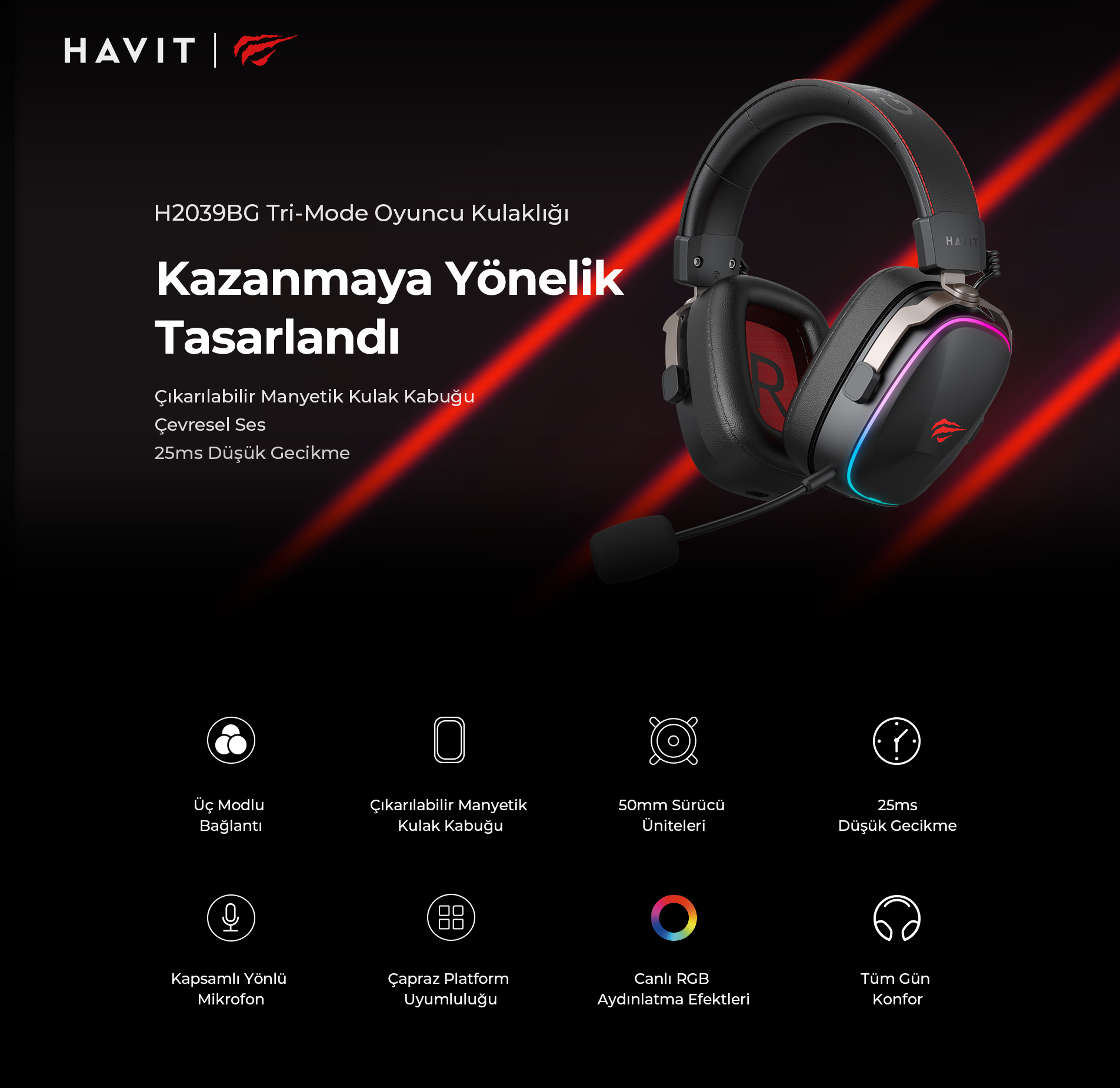 HAVİT GAMENOTE H2039BG KABLOSUZ GAMING KULAKLIK 7.1 2.4GHz-BT-3.5mm AUDIO